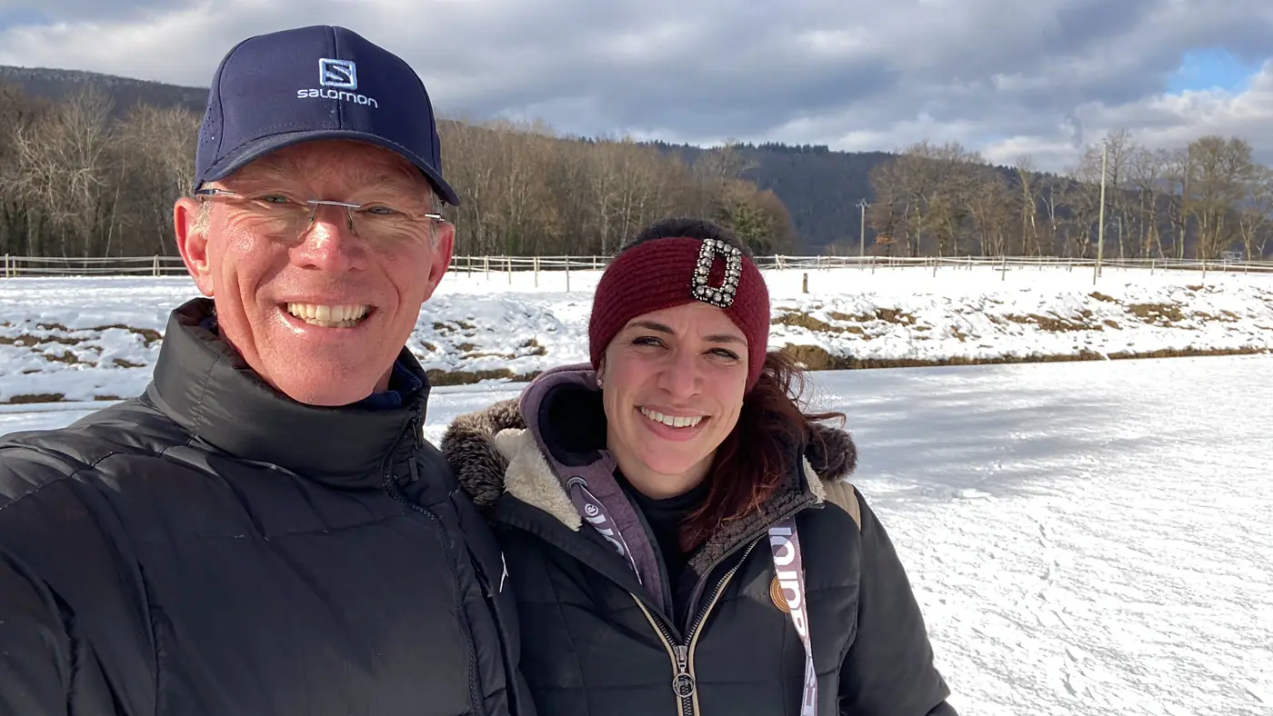 Jenku Dietrichsen and Francesca Hazan, co-founders of Smart Horse Labs, outdoors in winter.