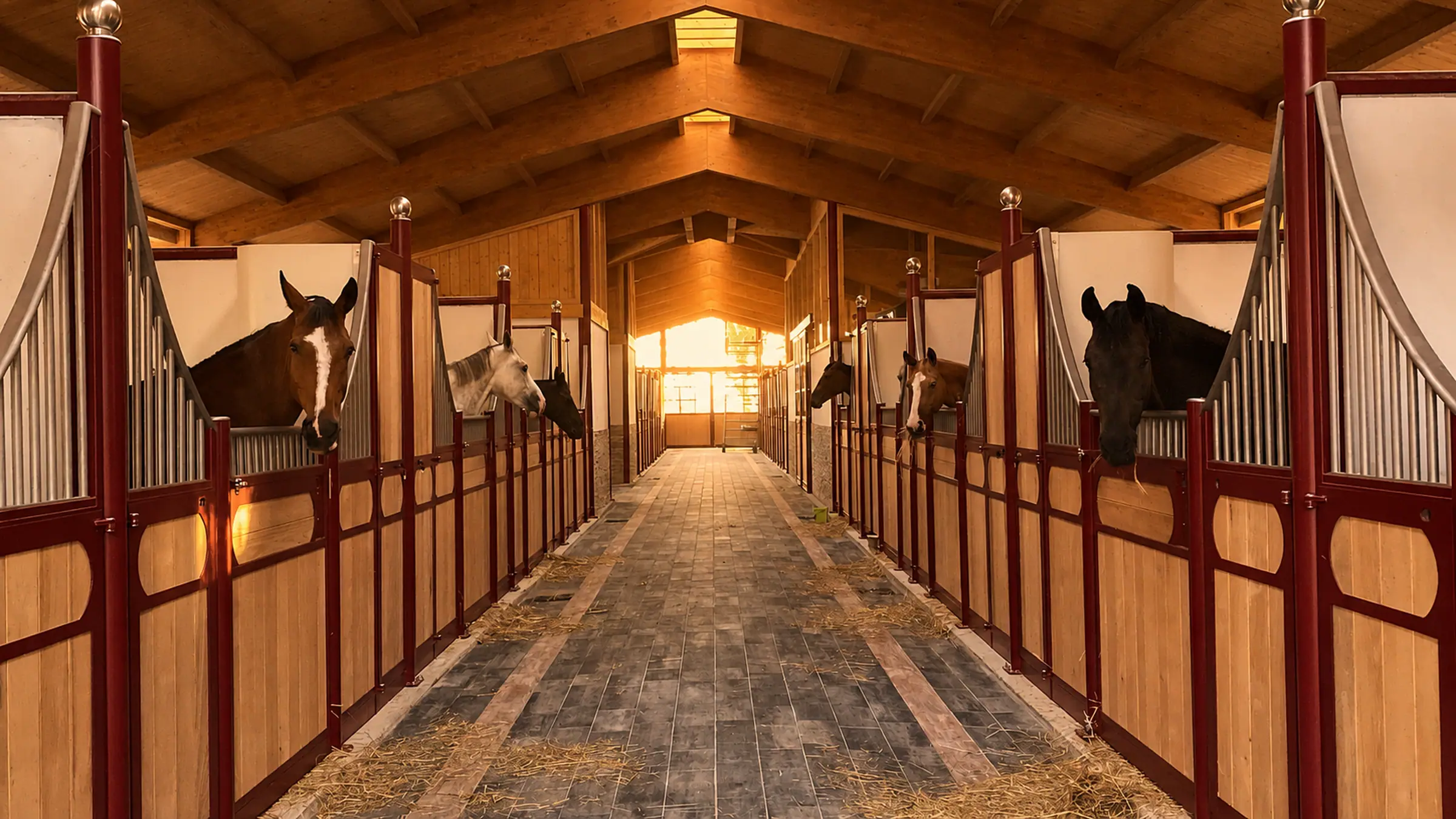 Horses looking out over their stall doors along both sides of a barn aisle at dusk, a low sun flooding in through the open doorway at the far end.