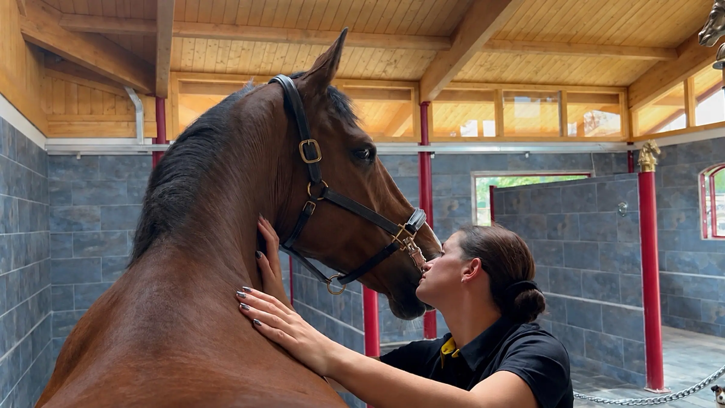 A woman and a bay horse nose to nose in the prep area, one of her hands on its neck and the other flat on its shoulder.
